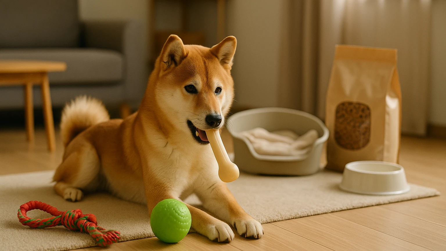 柴犬の遊び方おすすめの基礎と活用ポイントに合わせたアイキャッチ。柴犬とペット用品の利用シーンを表現。 要点：柴犬の遊び方は「運動」「頭の刺激」「スキンシップ」の