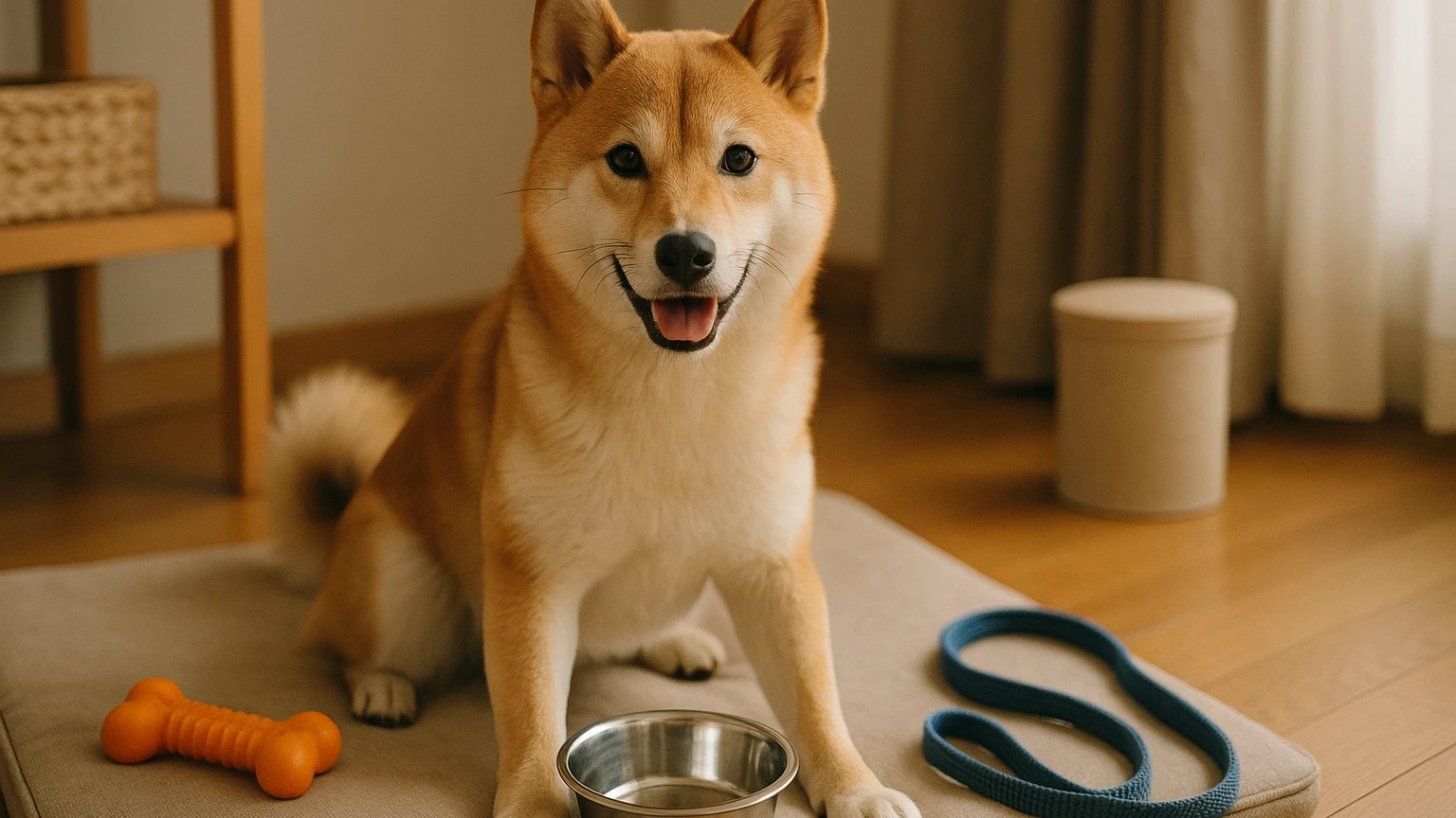 柴犬のしつけ方法の基礎と活用ポイントに合わせたアイキャッチ。柴犬とペット用品の利用シーンを表現。 要点：柴犬のしつけ方法は「早めに・一貫して・短く楽しく」が基本