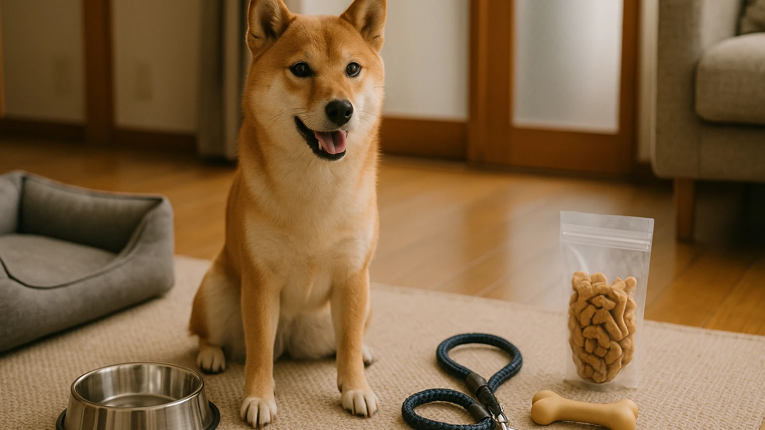 柴犬のペットのトレーニング方法の基礎と活用ポイントに合わせたアイキャッチ。柴犬とペット用品の利用シーンを表現。 要点：柴犬のトレーニングは「叱る」より「仕組みづ