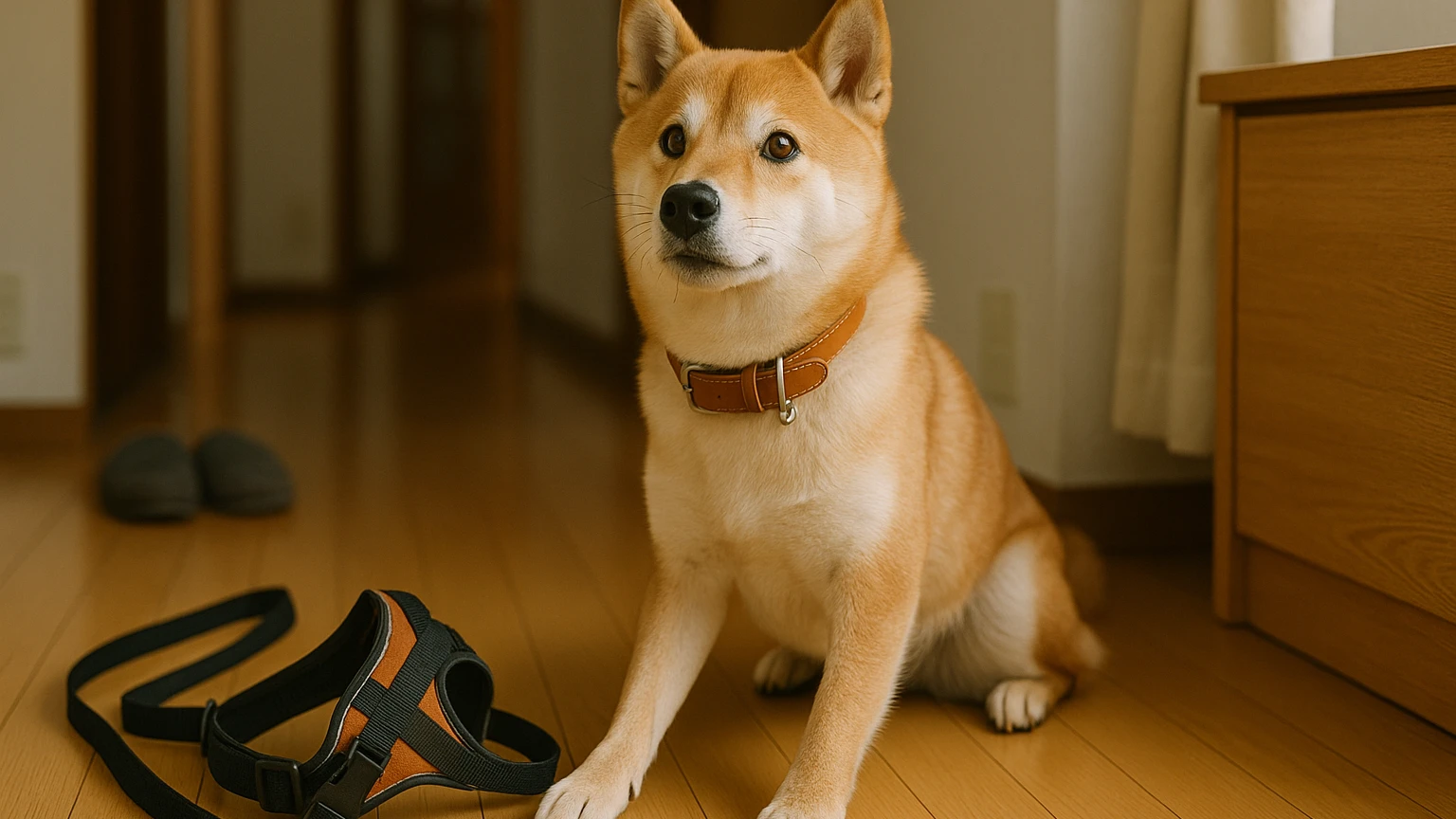 柴犬の旅行の散歩行きたがらない対策の基礎と活用ポイントに合わせたアイキャッチ。柴犬と首輪・ハーネスの利用シーンを表現。 要点：柴犬が旅行先で散歩に行きたがらない