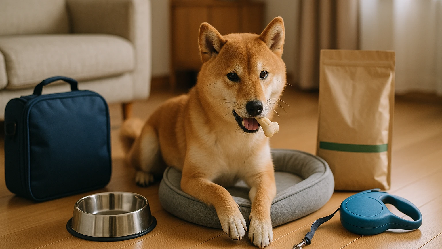柴犬の旅行の噛みつく治し方の基礎と活用ポイントに合わせたアイキャッチ。柴犬とペット用品の利用シーンを表現。 要点：柴犬と旅行を楽しむには、「噛みつき」が出やすい