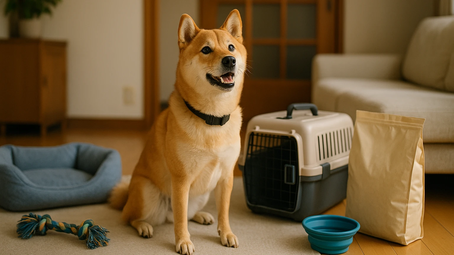 柴犬の旅行の吠えるおすすめの基礎と活用ポイントに合わせたアイキャッチ。柴犬とペット用品の利用シーンを表現。 要点：柴犬と旅行するときに「吠える」問題を減らすには