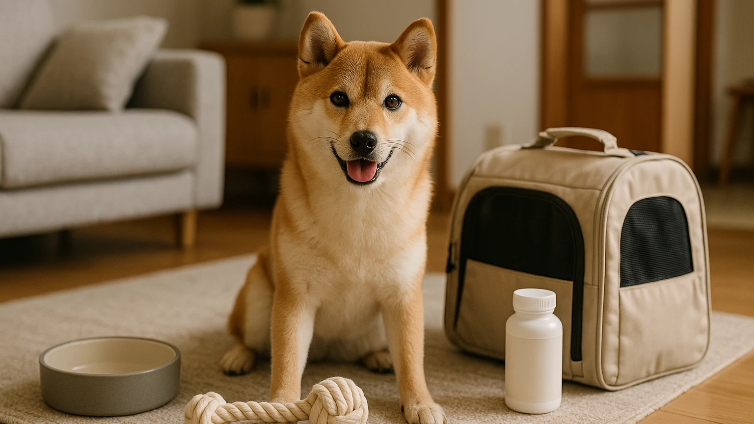 柴犬の旅行の便秘治し方の基礎と活用ポイントに合わせたアイキャッチ。柴犬とペット用品の利用シーンを表現。 要点：柴犬が旅行で便秘になりやすい理由と、家でも旅先でも