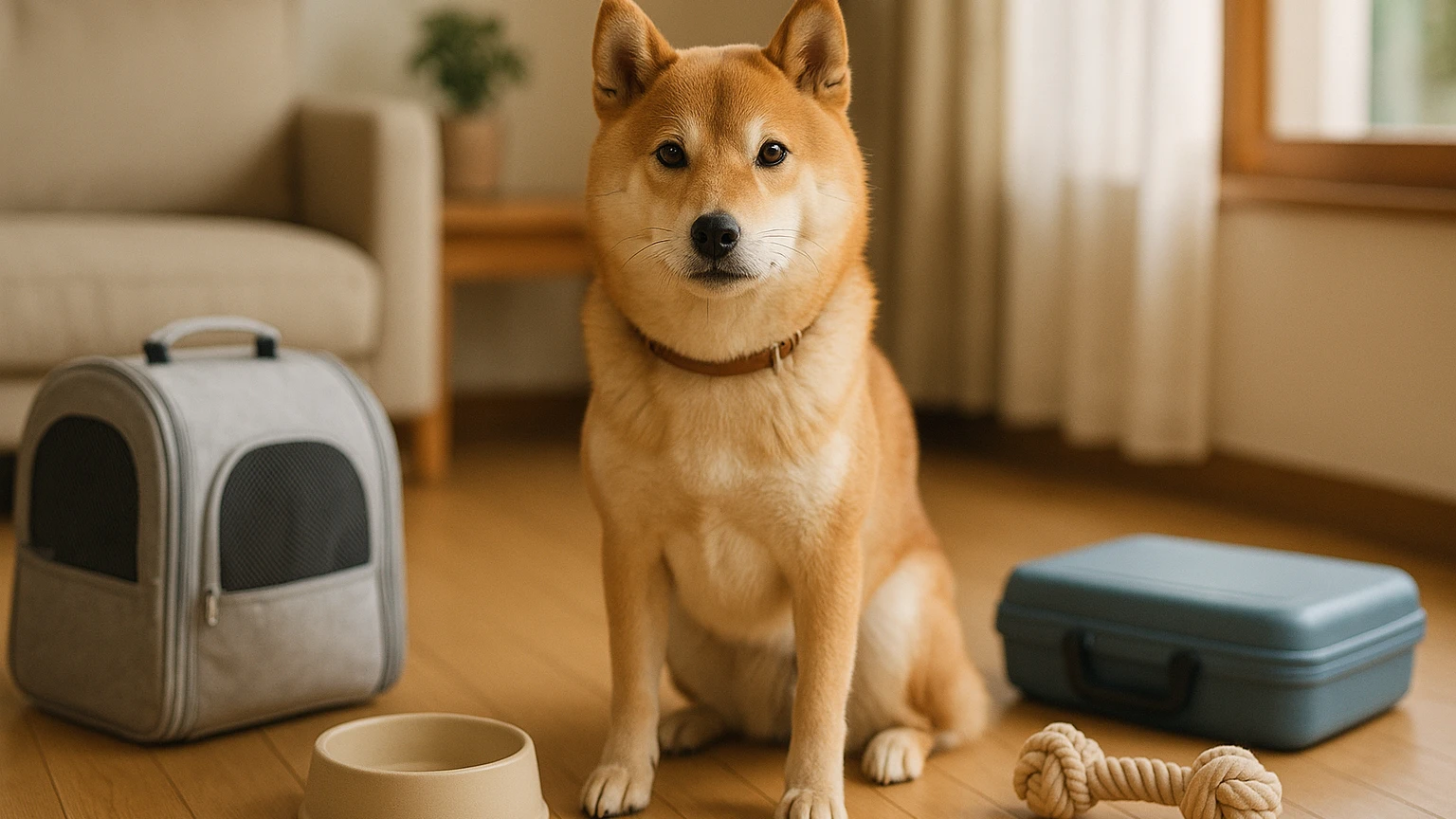柴犬の旅行の咳原因の基礎と活用ポイントに合わせたアイキャッチ。柴犬とペット用品の利用シーンを表現。 要点：柴犬が旅行中や旅行後に咳をするのは珍しくなく、多くは環