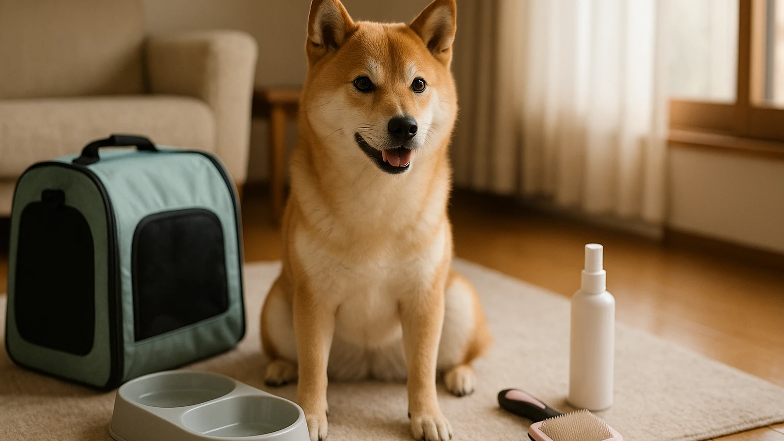 柴犬の旅行のフケ対策の基礎と活用ポイントに合わせたアイキャッチ。柴犬とペット用品の利用シーンを表現。 要点：柴犬と旅行するときのフケ対策は「健康チェック」「環境