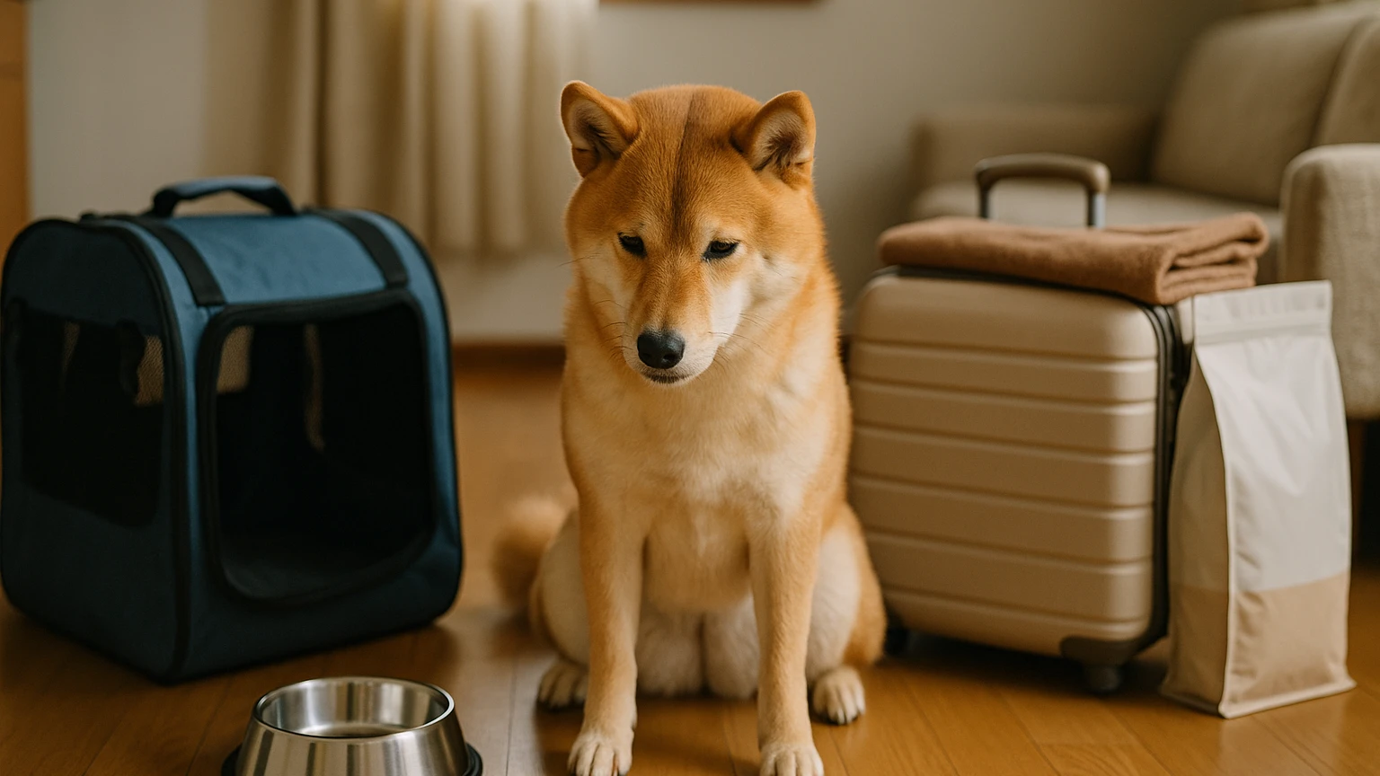 柴犬の旅行の食欲ない治し方の基礎と活用ポイントに合わせたアイキャッチ。柴犬とペット用品の利用シーンを表現。 要点：柴犬が旅行中に食欲をなくすのは珍しくなく、多く