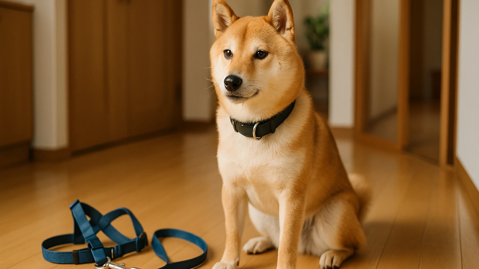 柴犬の旅行の散歩行きたがらない原因の基礎と活用ポイントに合わせたアイキャッチ。柴犬と首輪・ハーネスの利用シーンを表現。 要点：柴犬が旅行先で散歩に行きたがらない