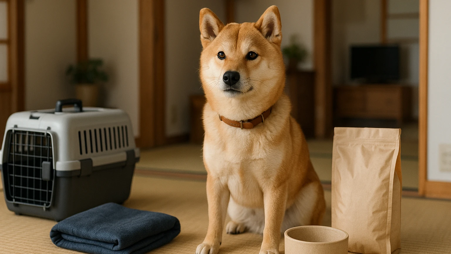 柴犬の旅行のしこり治し方の基礎と活用ポイントに合わせたアイキャッチ。柴犬とペット用品の利用シーンを表現。 要点：柴犬と旅行中に「体にしこりを見つけた」とき、慌て