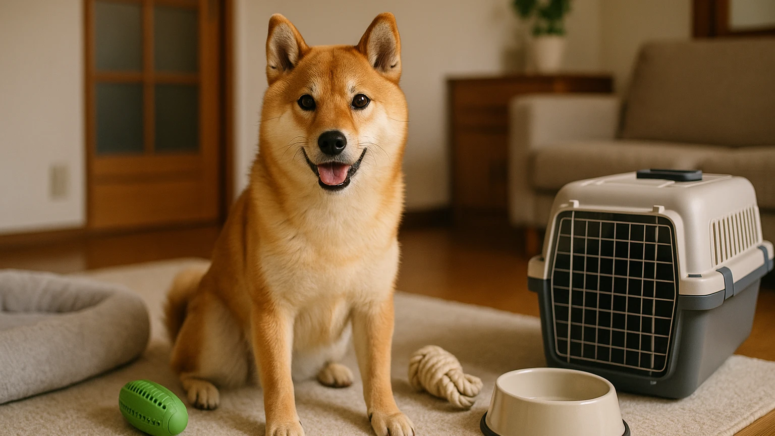 柴犬の旅行の破壊行動対策の基礎と活用ポイントに合わせたアイキャッチ。柴犬とペット用品の利用シーンを表現。 要点：柴犬と旅行するときの破壊行動は「性格」と「環境変