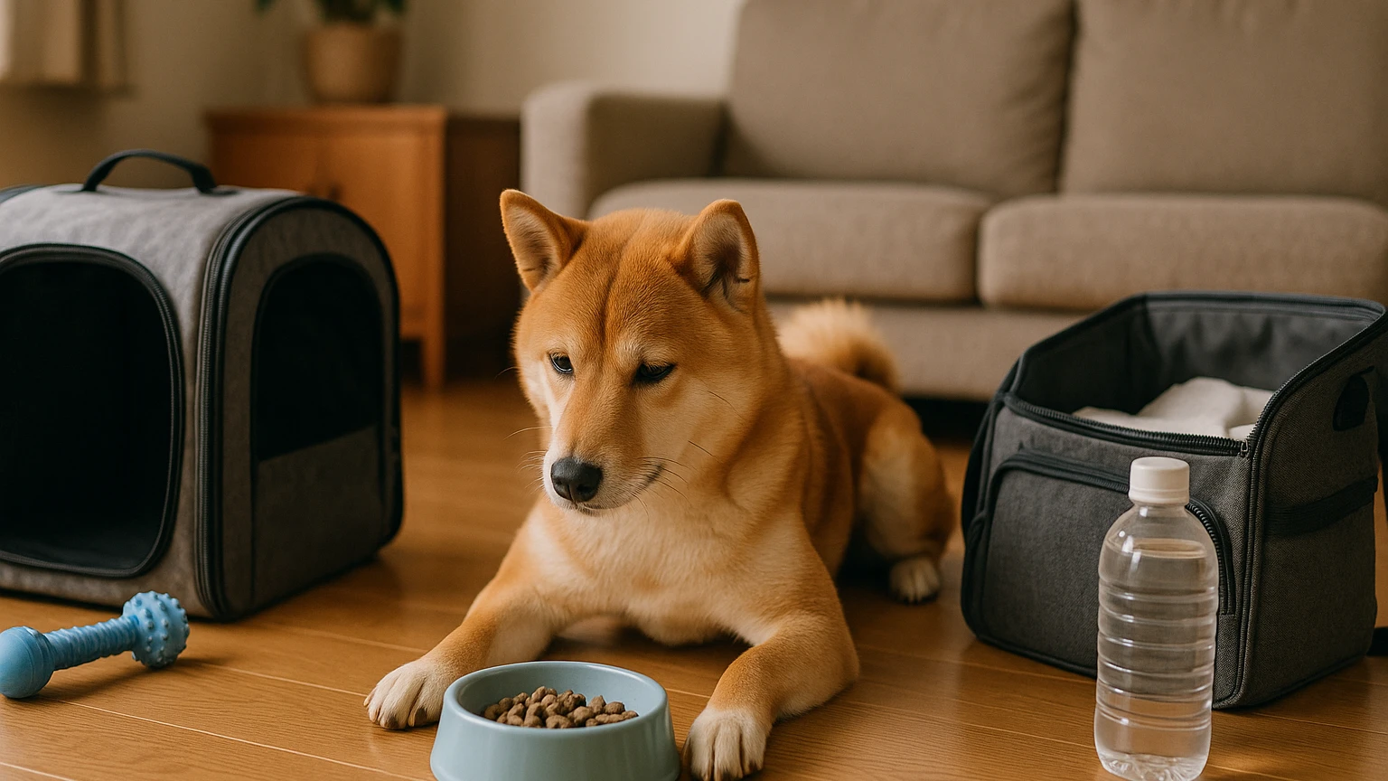 柴犬の旅行の食欲ない対策の基礎と活用ポイントに合わせたアイキャッチ。柴犬とペット用品の利用シーンを表現。 要点：柴犬が旅行中に食欲をなくすのは珍しくなく、多くは