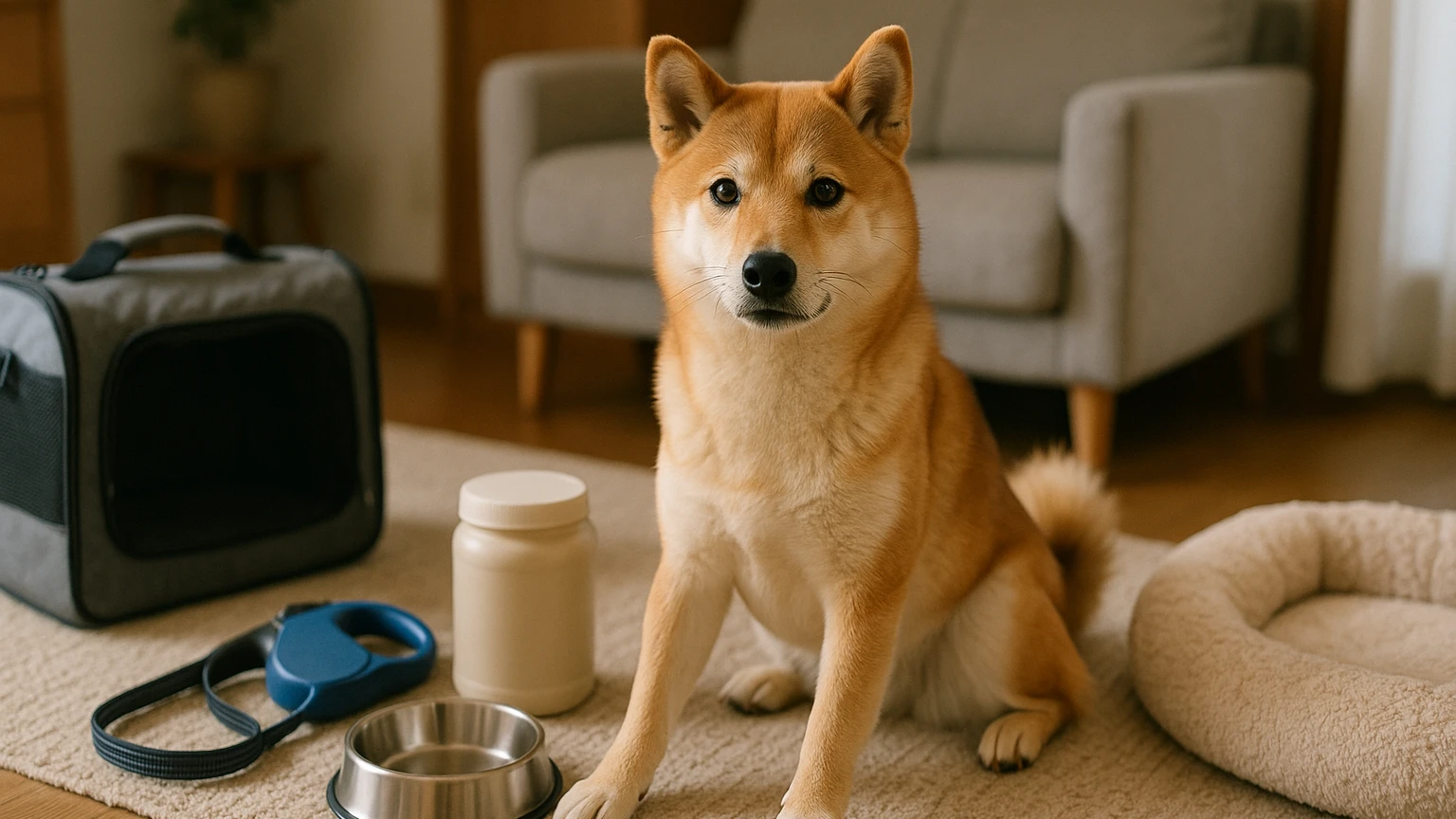 柴犬の旅行の足を痛がる原因の基礎と活用ポイントに合わせたアイキャッチ。柴犬とペット用品の利用シーンを表現。 要点：柴犬が旅行中や旅行後に足を痛がるのは珍しくなく