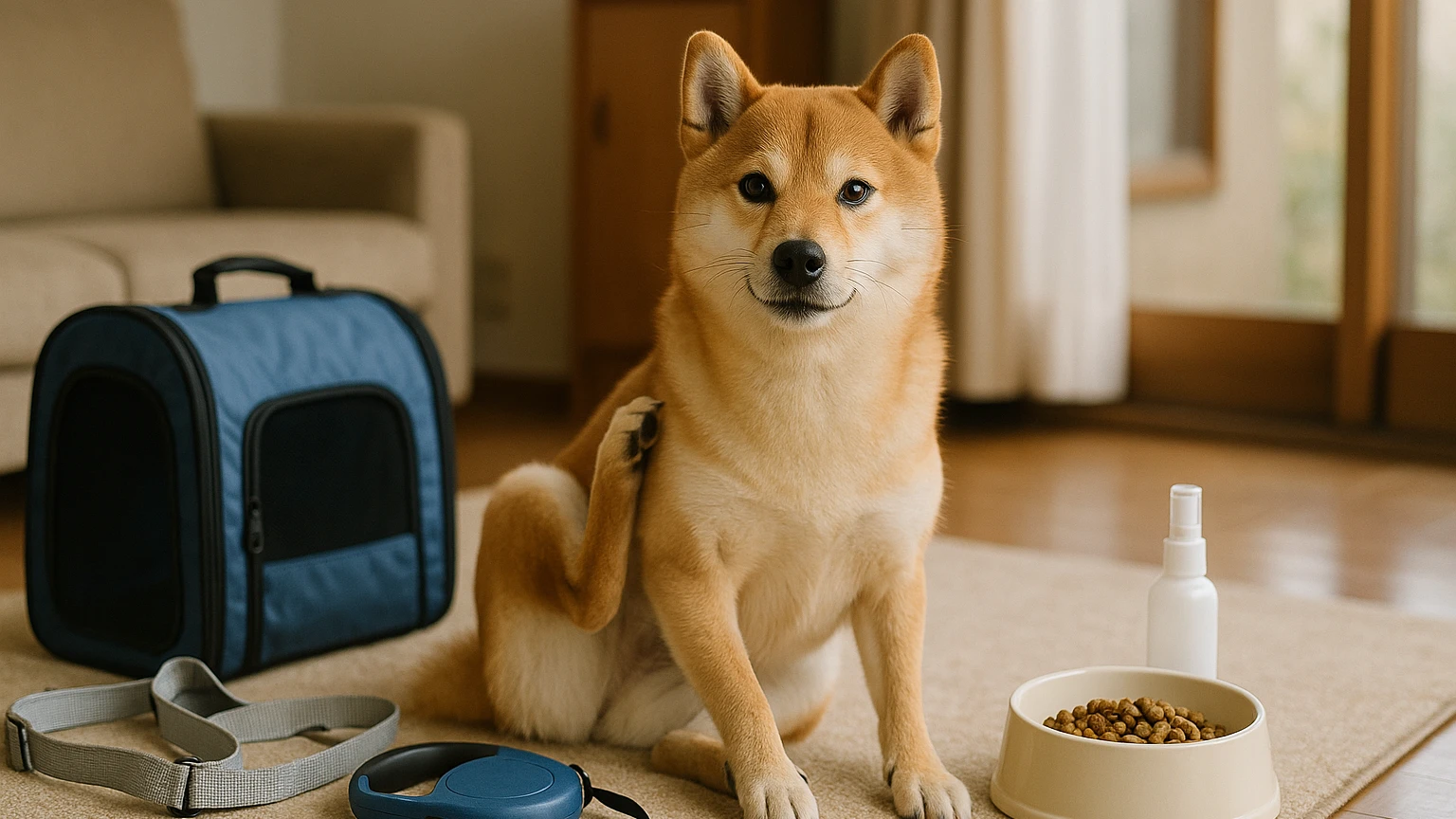 柴犬の旅行のかゆい治し方の基礎と活用ポイントに合わせたアイキャッチ。柴犬とペット用品の利用シーンを表現。 要点：柴犬と旅行中に「かゆい」が出たときは、原因を見極