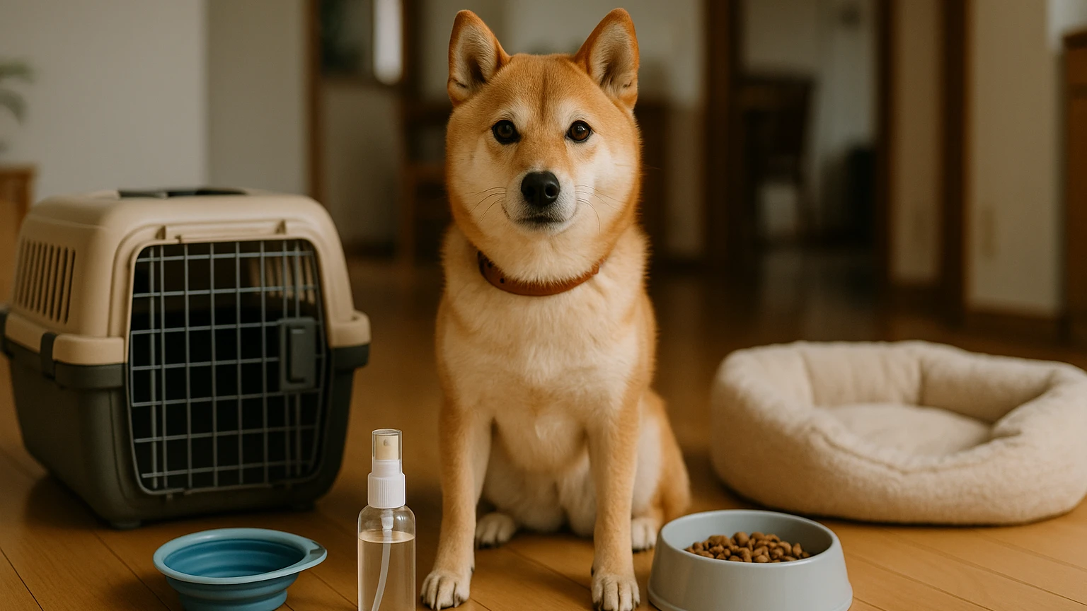 柴犬の旅行の咳対策の基礎と活用ポイントに合わせたアイキャッチ。柴犬とペット用品の利用シーンを表現。 要点：柴犬と旅行するときの咳は、興奮や環境変化から病気まで原