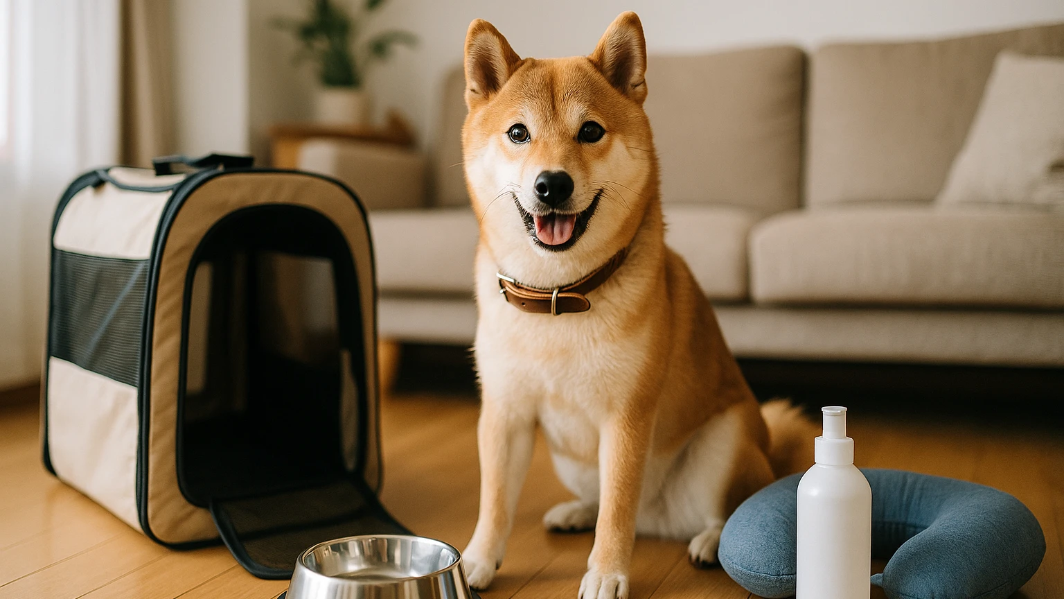 柴犬の旅行の吠える治し方の基礎と活用ポイントに合わせたアイキャッチ。柴犬とペット用品の利用シーンを表現。 要点：柴犬と旅行するときの「吠える」をゼロにするのは難