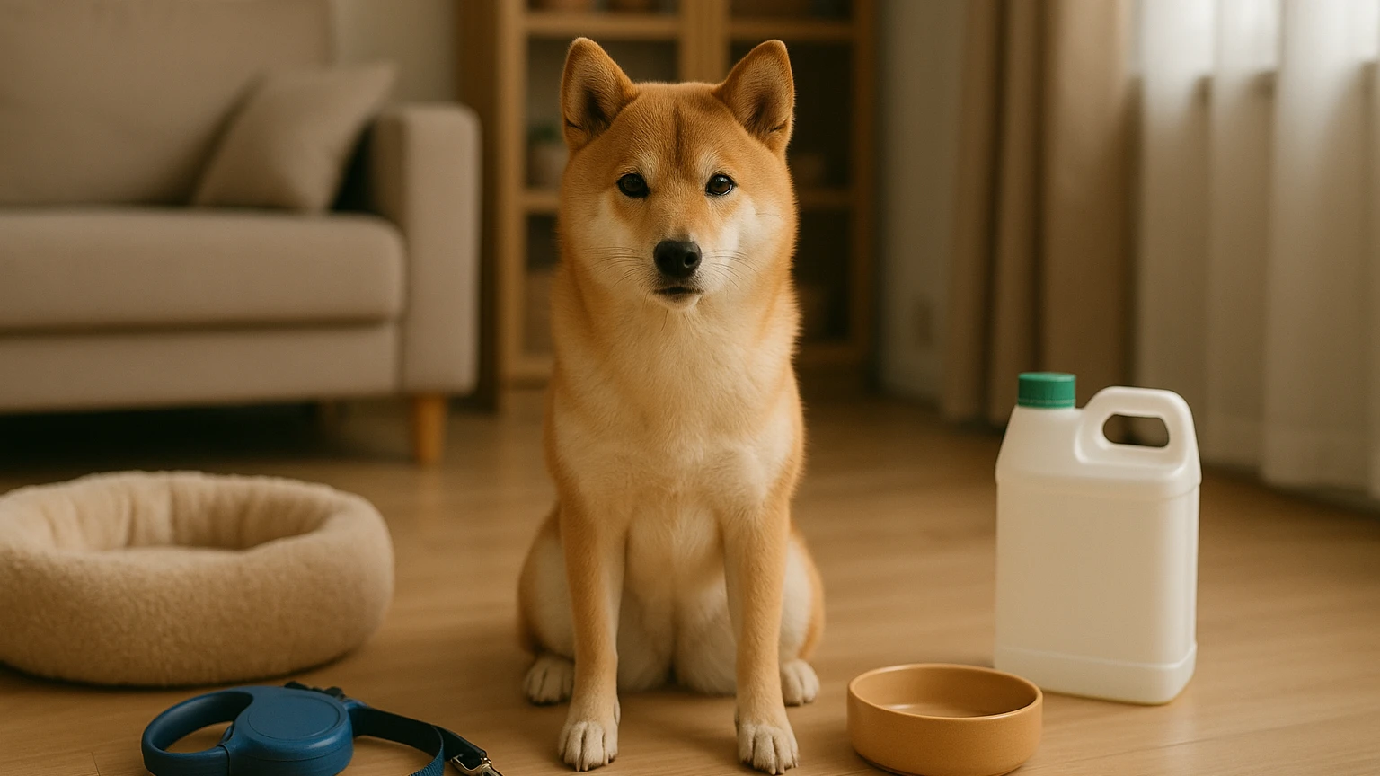 柴犬の寒さ対策のマーキング治し方の基礎と活用ポイントに合わせたアイキャッチ。柴犬とペット用品の利用シーンを表現。 要点：柴犬の寒さ対策とマーキングの治し方は「環