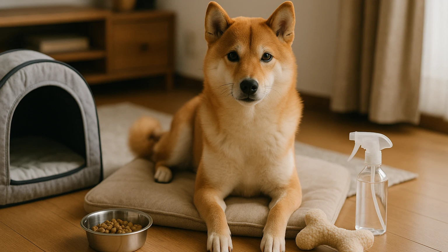 柴犬の寒さ対策の知らない人に吠える対策の基礎と活用ポイントに合わせたアイキャッチ。柴犬とペット用品の利用シーンを表現。 要点：柴犬の寒さ対策と、知らない人に吠え
