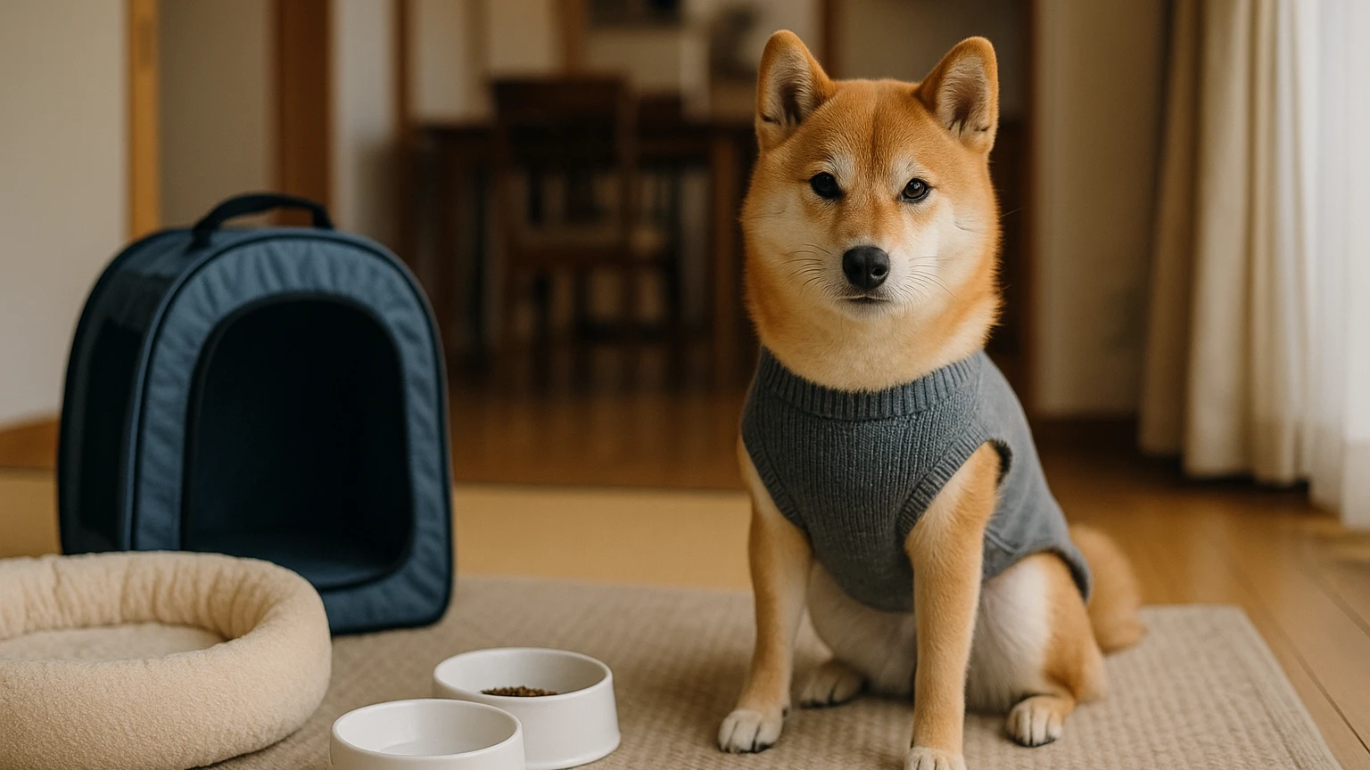 柴犬の寒さ対策のくしゃみ対策の基礎と活用ポイントに合わせたアイキャッチ。柴犬とペット用品の利用シーンを表現。 要点：柴犬のくしゃみは「かわいい」だけでなく、寒さ