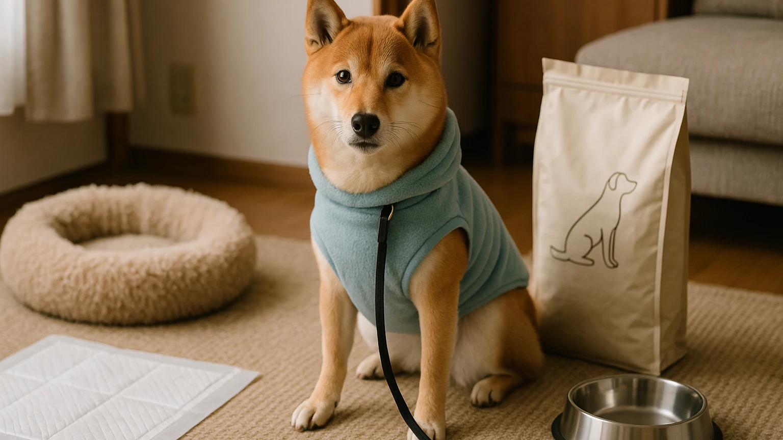 柴犬の寒さ対策のマーキング対策の基礎と活用ポイントに合わせたアイキャッチ。柴犬とペット用品の利用シーンを表現。 要点：柴犬の寒さ対策とマーキング対策は「体のケア