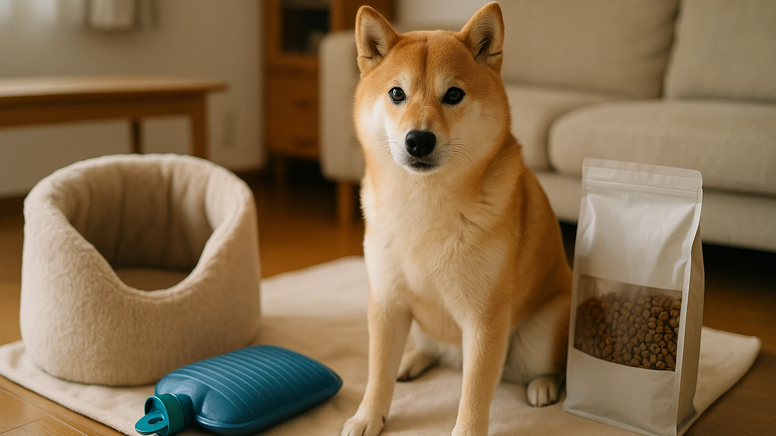 柴犬の寒さ対策の安い治し方の基礎と活用ポイントに合わせたアイキャッチ。柴犬とペット用品の利用シーンを表現。 要点：柴犬は日本原産で寒さに比較的強い犬種ですが、室