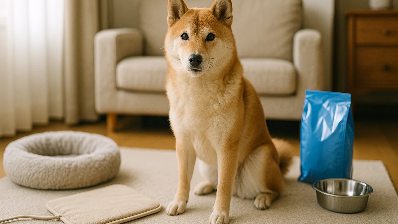 柴犬の寒さ対策のマーキング原因の基礎と活用ポイントに合わせたアイキャッチ。柴犬とペット用品の利用シーンを表現。 要点：柴犬の寒さ対策とマーキングの原因は「体の冷