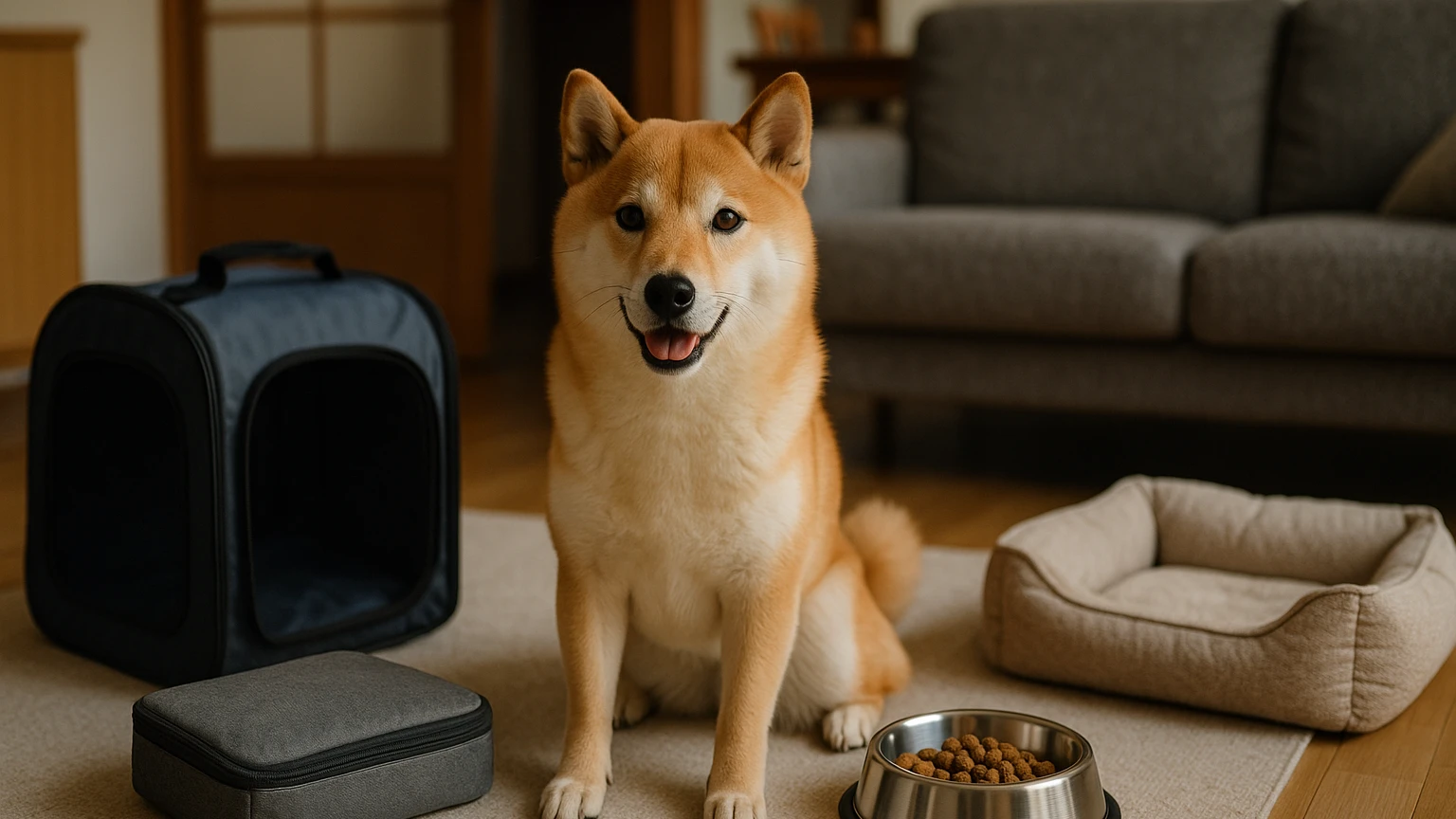 柴犬の旅行のコスパおすすめの基礎と活用ポイントに合わせたアイキャッチ。柴犬とペット用品の利用シーンを表現。 要点：柴犬との旅行を「コスパよく」楽しむには、移動・