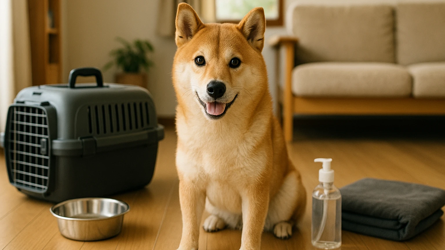 柴犬の旅行の痙攣対策の基礎と活用ポイントに合わせたアイキャッチ。柴犬とペット用品の利用シーンを表現。 要点：柴犬と旅行するときの痙攣対策は「原因を知る・移動手段