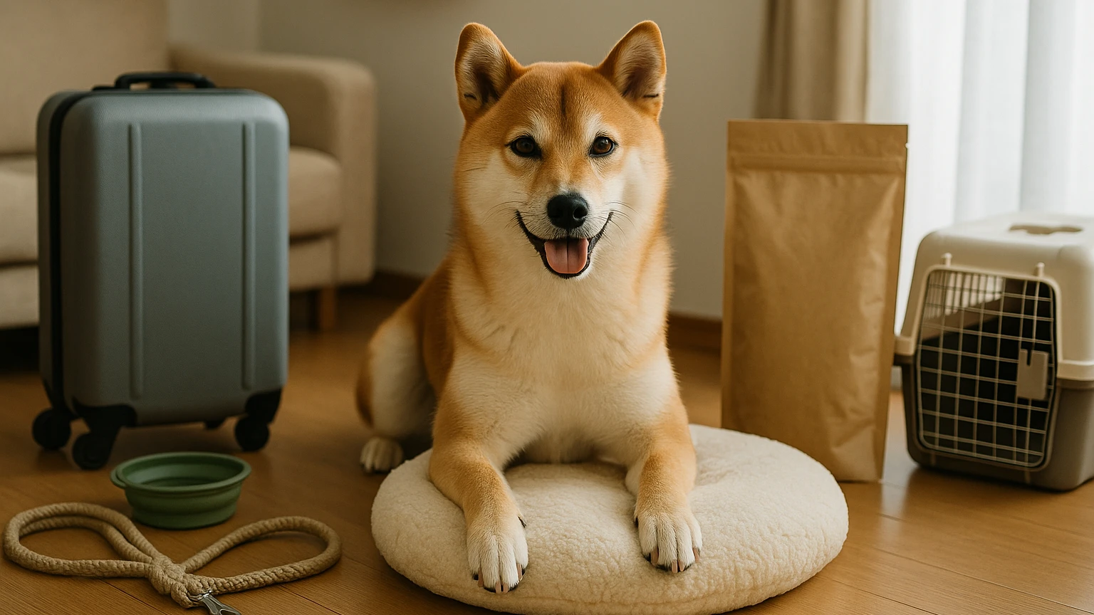柴犬の旅行のコスパ治し方の基礎と活用ポイントに合わせたアイキャッチ。柴犬とペット用品の利用シーンを表現。 要点：ここでは「柴犬との旅行でお金も体力もムダにしない