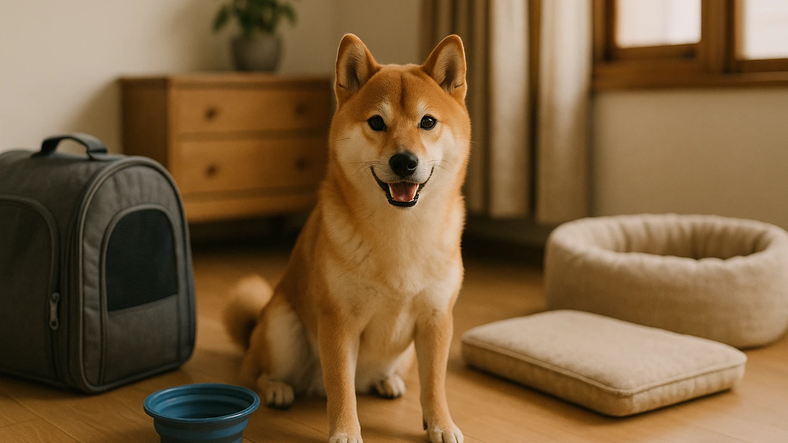 柴犬の旅行のコスパ対策の基礎と活用ポイントに合わせたアイキャッチ。柴犬とペット用品の利用シーンを表現。 要点：柴犬との旅行でコスパを高めるには「移動・宿・現地で