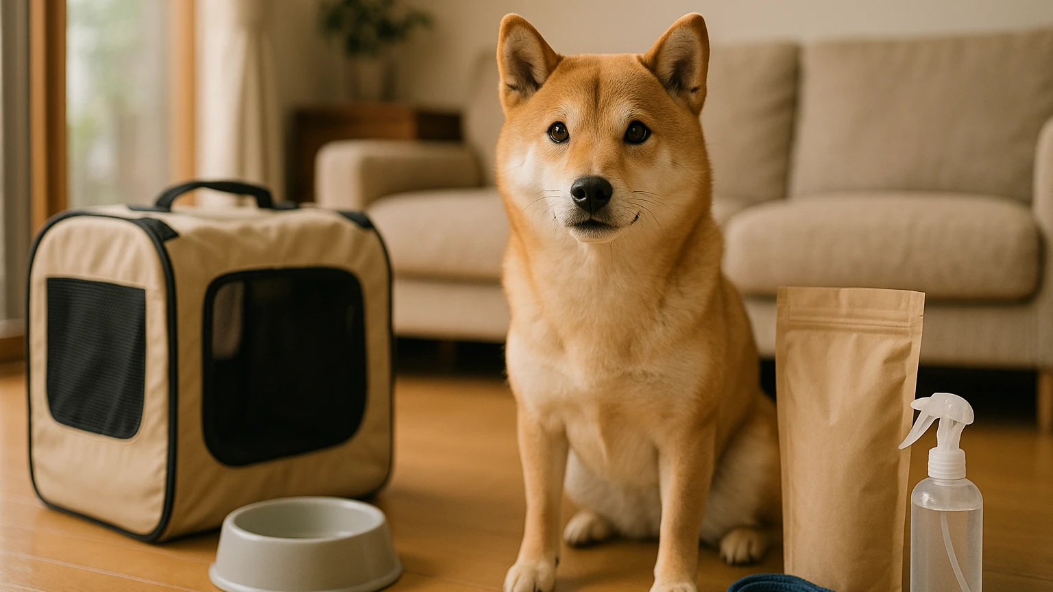 柴犬の旅行の無添加対策の基礎と活用ポイントに合わせたアイキャッチ。柴犬とペット用品の利用シーンを表現。 要点：柴犬と旅行を楽しみつつ、無添加のフードやケア用品で