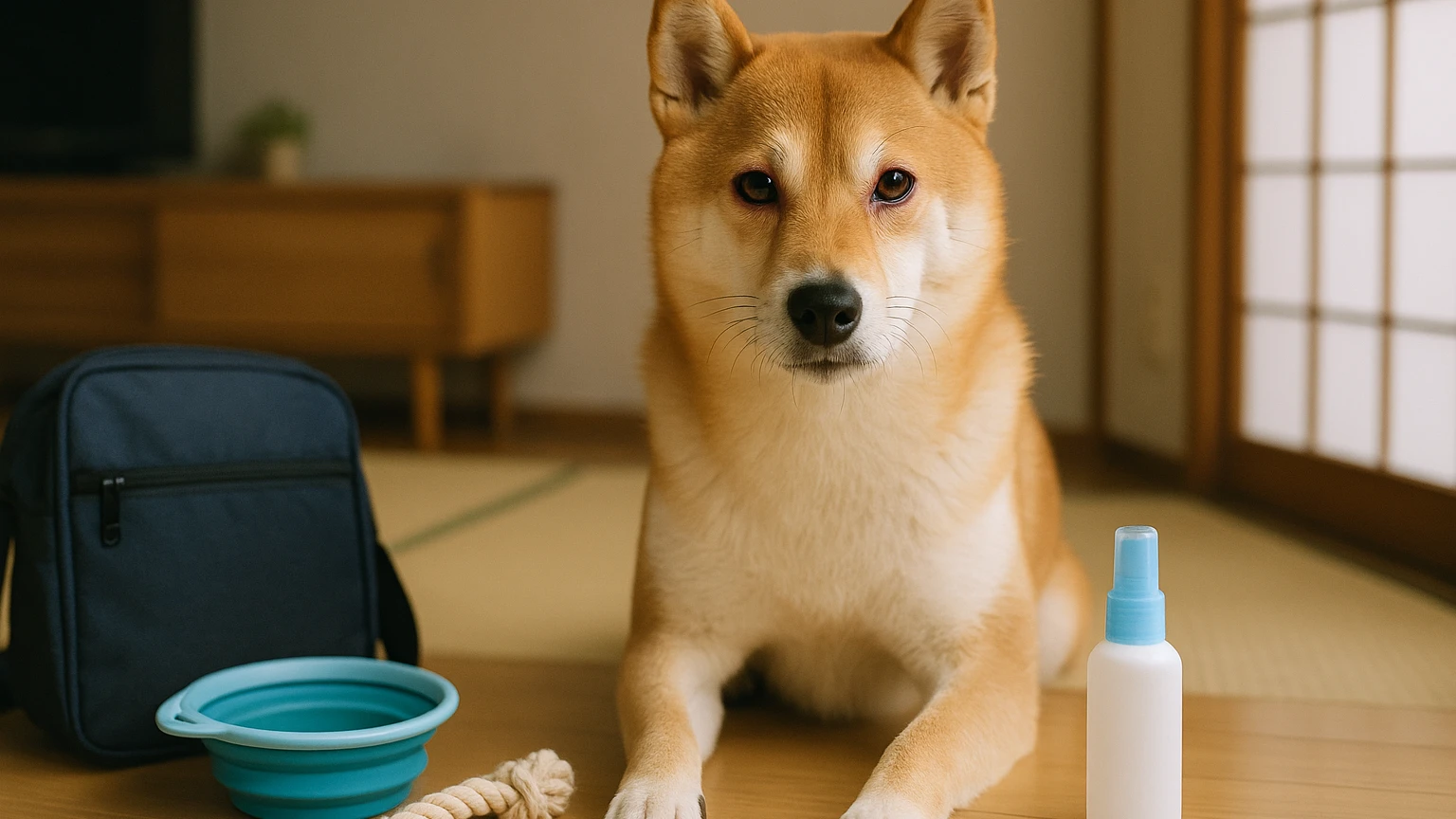 柴犬の旅行の目が赤い治し方の基礎と活用ポイントに合わせたアイキャッチ。柴犬とペット用品の利用シーンを表現。 要点：柴犬と旅行中に「目が赤い」と気づいたら、原因の