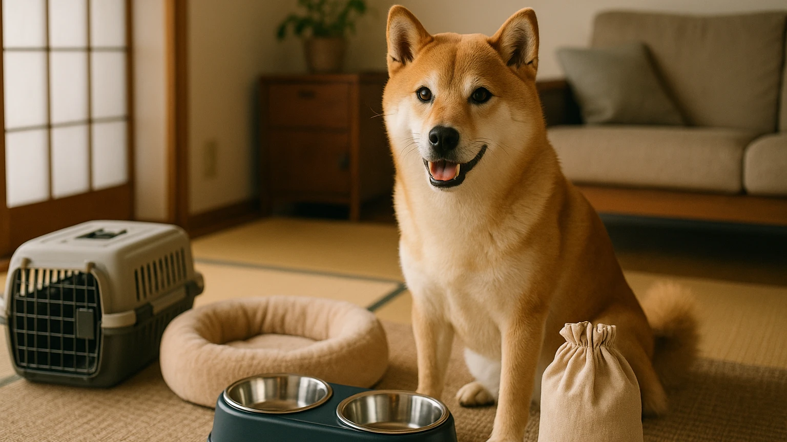 柴犬の旅行の無添加原因の基礎と活用ポイントに合わせたアイキャッチ。柴犬とペット用品の利用シーンを表現。 要点：柴犬と旅行を楽しむうえで「無添加」にこだわる理由は