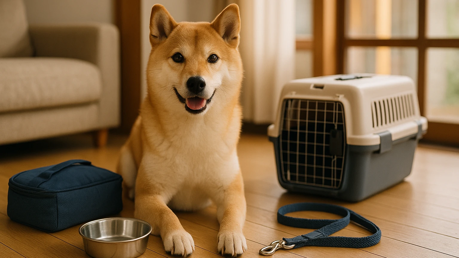 柴犬の旅行の他の犬に吠える対策の基礎と活用ポイントに合わせたアイキャッチ。柴犬とペット用品の利用シーンを表現。 要点：柴犬が旅行先で他の犬に吠えるのは珍しくなく