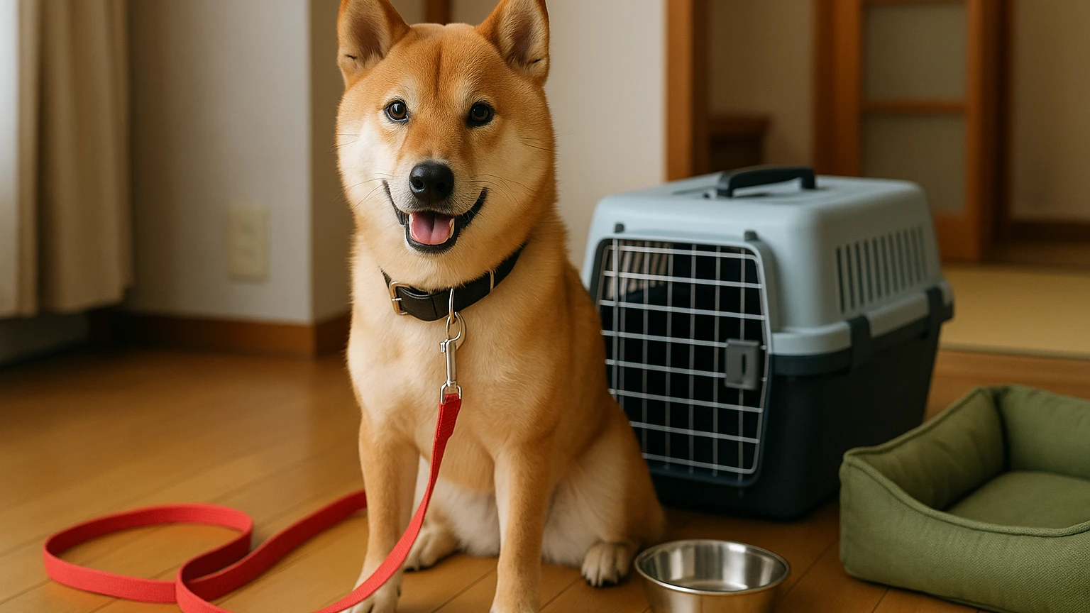 柴犬の旅行の脱走対策の基礎と活用ポイントに合わせたアイキャッチ。柴犬とペット用品の利用シーンを表現。 要点：柴犬と旅行するときの脱走対策は「性格の理解」「移動手