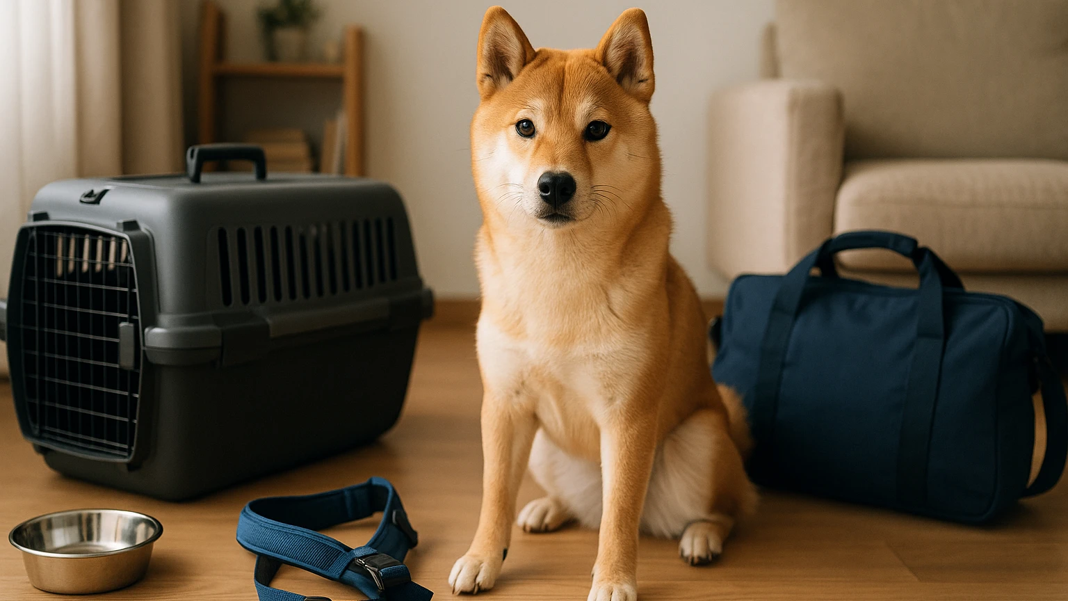 柴犬の旅行の脱走治し方の基礎と活用ポイントに合わせたアイキャッチ。柴犬とペット用品の利用シーンを表現。 要点：柴犬と旅行するときの「脱走」は、しつけだけでなく準