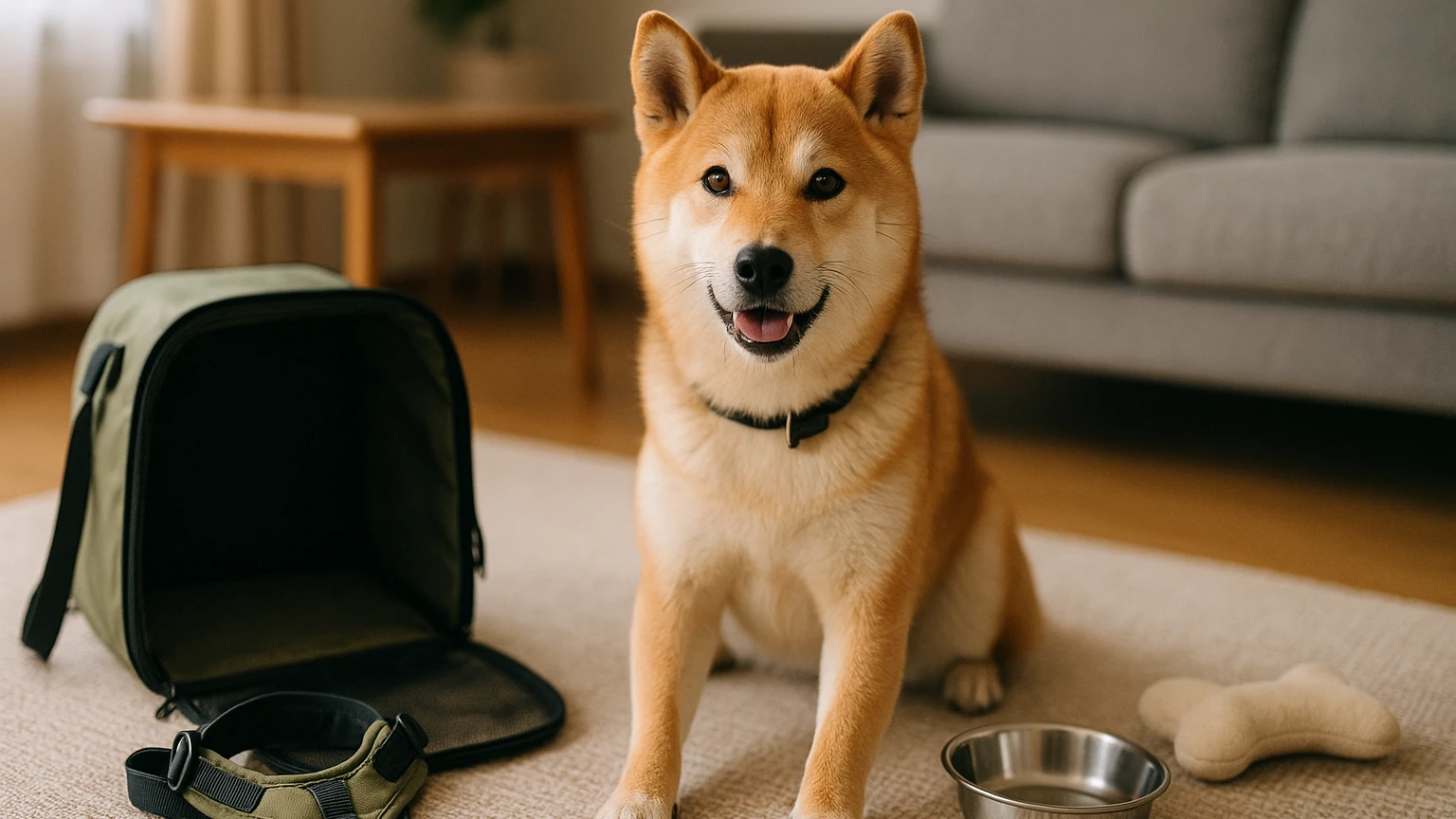 柴犬の旅行の痙攣治し方の基礎と活用ポイントに合わせたアイキャッチ。柴犬とペット用品の利用シーンを表現。 要点：柴犬が旅行中に痙攣したとき、飼い主ができることは「