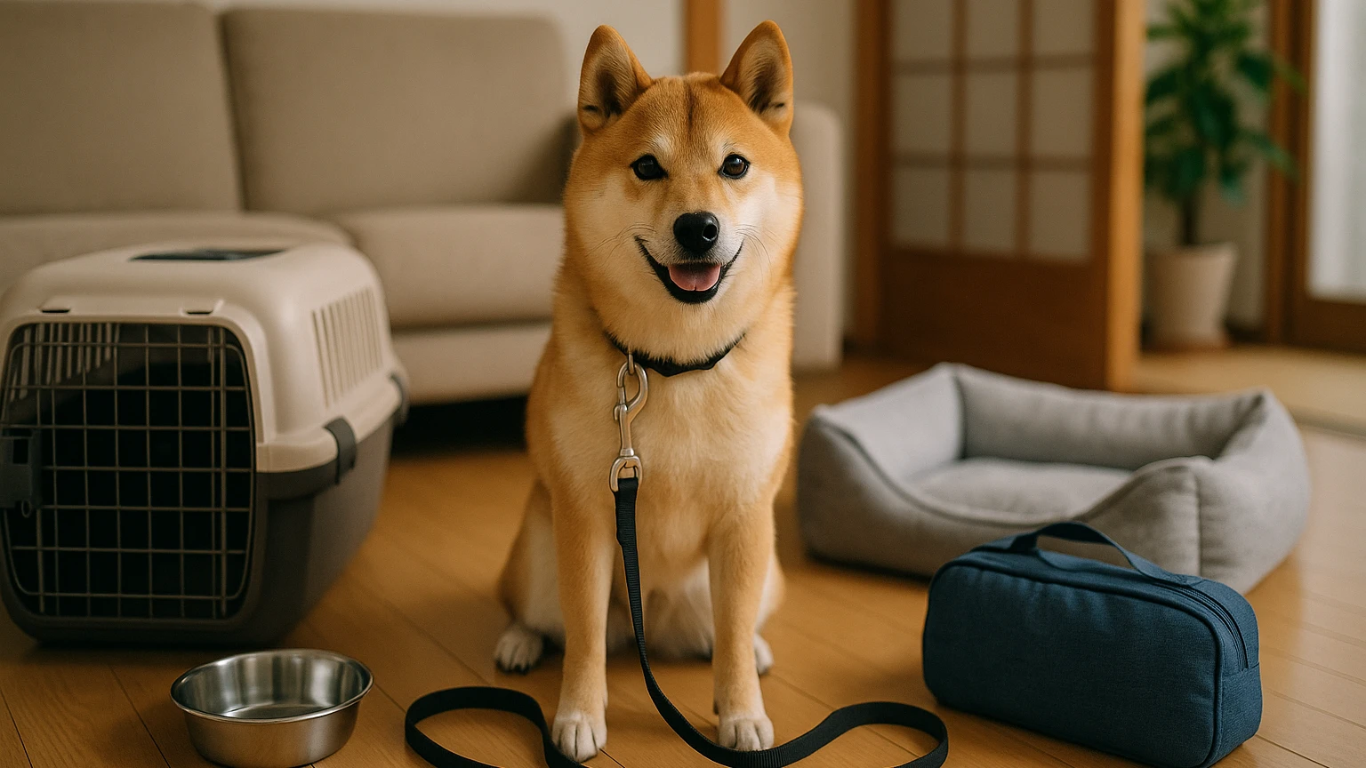 柴犬の旅行の分離不安治し方の基礎と活用ポイントに合わせたアイキャッチ。柴犬とペット用品の利用シーンを表現。 要点：柴犬が旅行で分離不安にならないようにするには