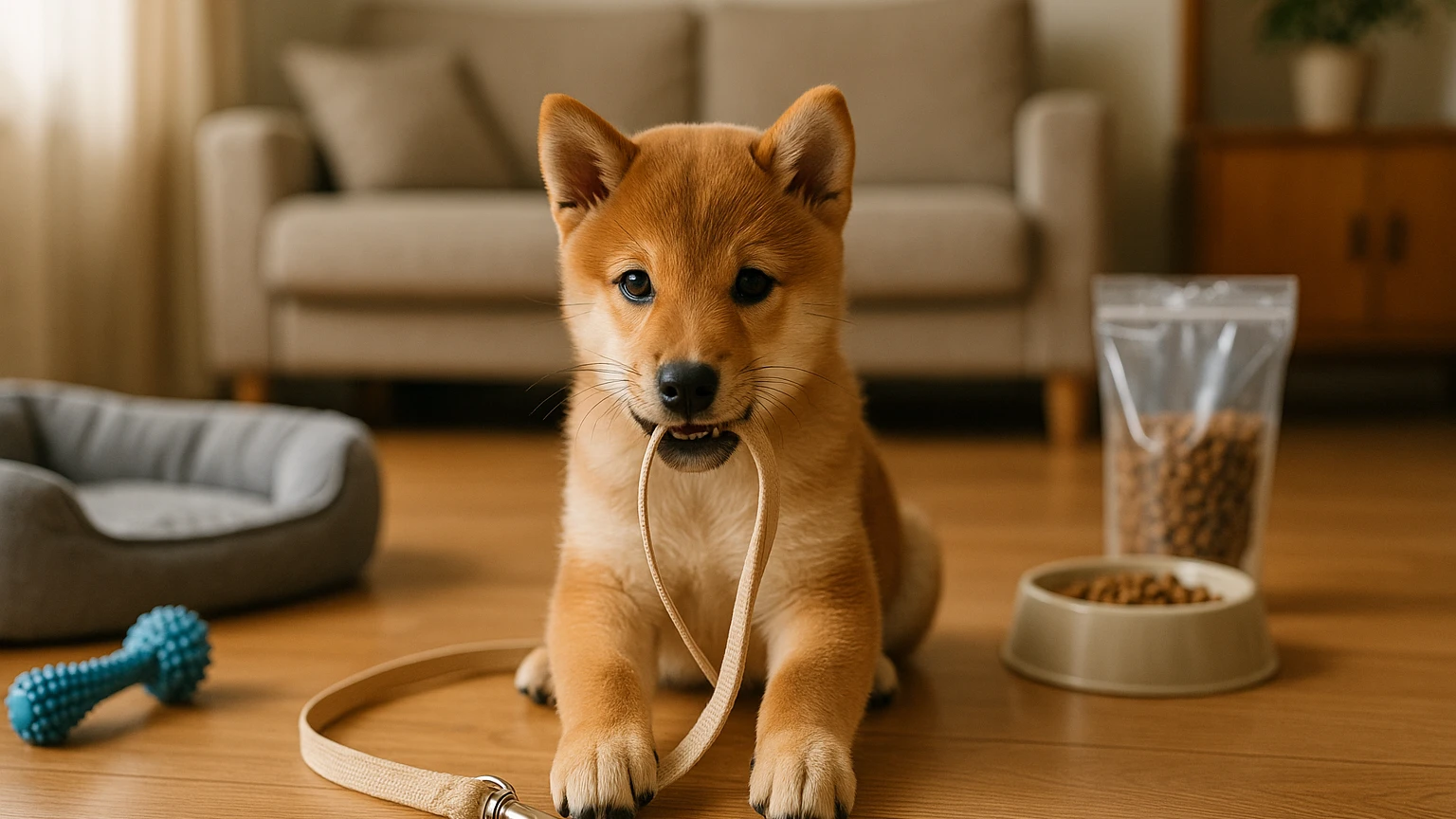 柴犬の子犬のしつけの甘噛み直し方の基礎と活用ポイントに合わせたアイキャッチ。柴犬とペット用品の利用シーンを表現。 要点：柴犬の子犬の甘噛みは「普通の成長」と「放
