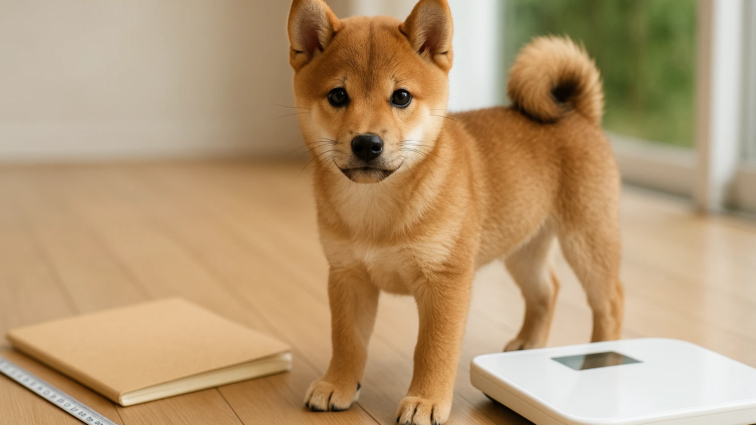 柴犬の子犬餌の量の基礎と活用ポイントに合わせたアイキャッチ。柴犬と成犬サイズ・豆柴のイメージ。 要点：柴犬の子犬の餌の量は「月齢・体重・体格・活動量」で変わります。パッケージ表示を